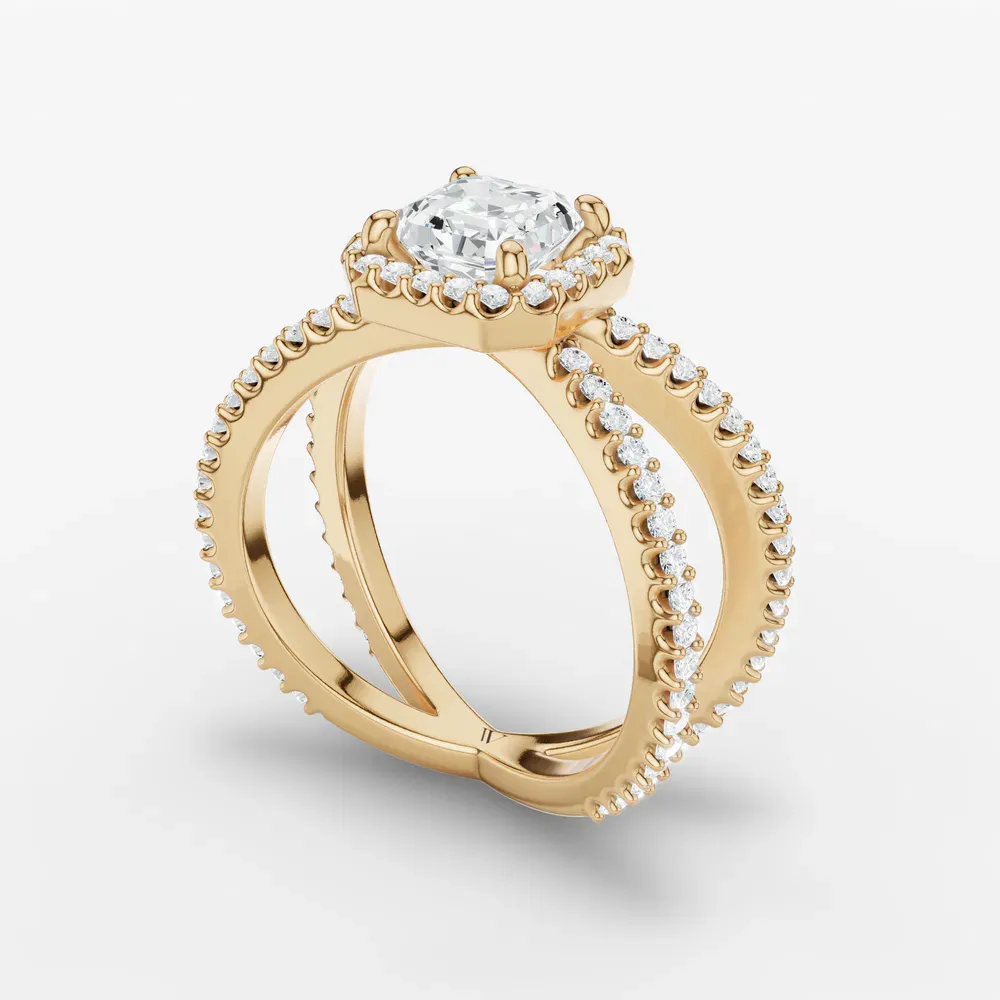 Certified 1 carat Lab Grown Diamond Asscher Cut Pavé, Halo, Split Shank Engagement Ring in 14K Yellow Gold-Xylius