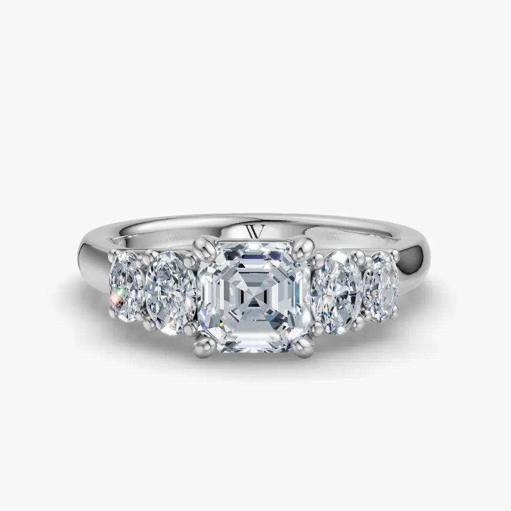 Certified 1 carat Lab Grown Diamond Asscher Cut Five Stone, Side Stone Engagement Ring in 14K White Gold-Elyx