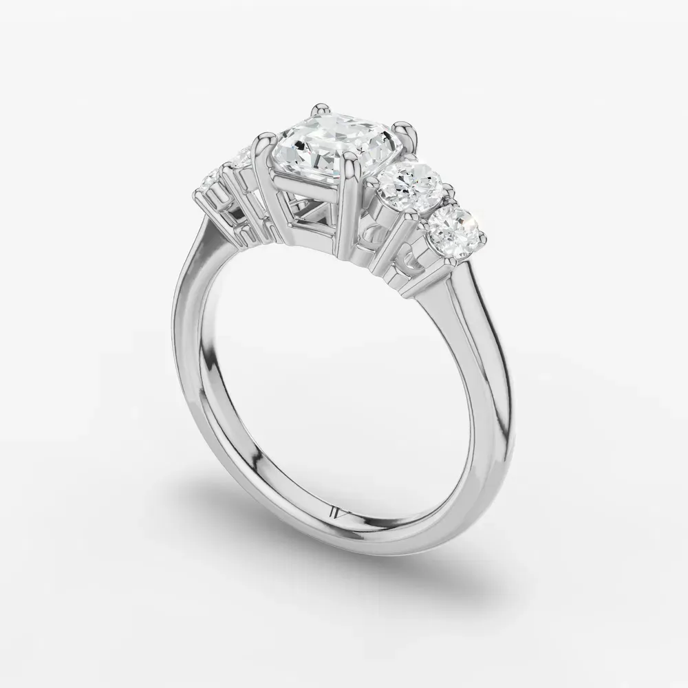Certified 1 carat Lab Grown Diamond Asscher Cut Five Stone, Side Stone Engagement Ring in 14K White Gold-Elyx