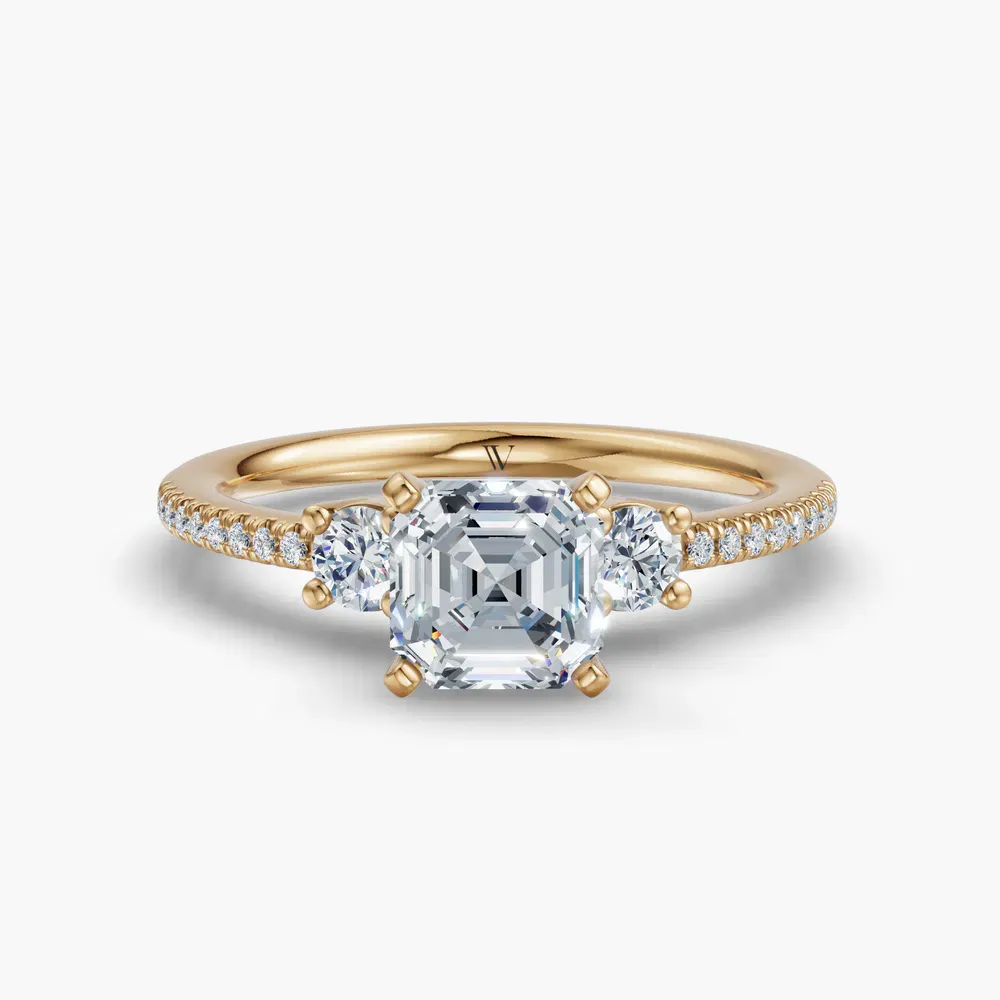 Certified 1 carat Lab Grown Diamond Asscher Cut Three Stone, Pavé, Side Stone Engagement Ring in 14K Yellow Gold-Vynix