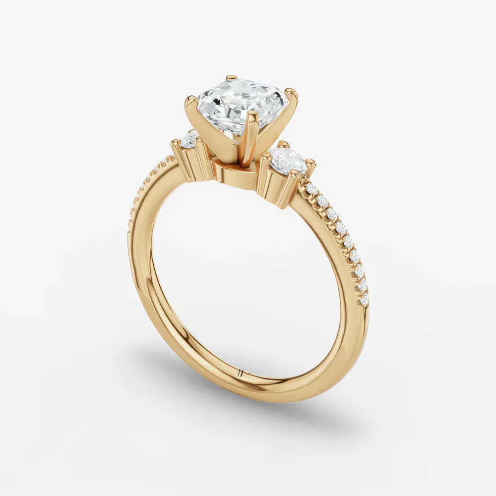 Certified 1 carat Lab Grown Diamond Asscher Cut Three Stone, Pavé, Side Stone Engagement Ring in 14K Yellow Gold-Vynix