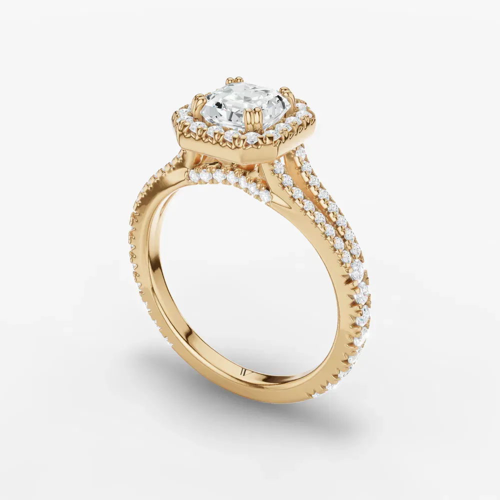 Certified 1 carat Lab Grown Diamond Asscher Cut Pavé, Halo, Cathedral Engagement Ring in 14K Yellow Gold-Gexis