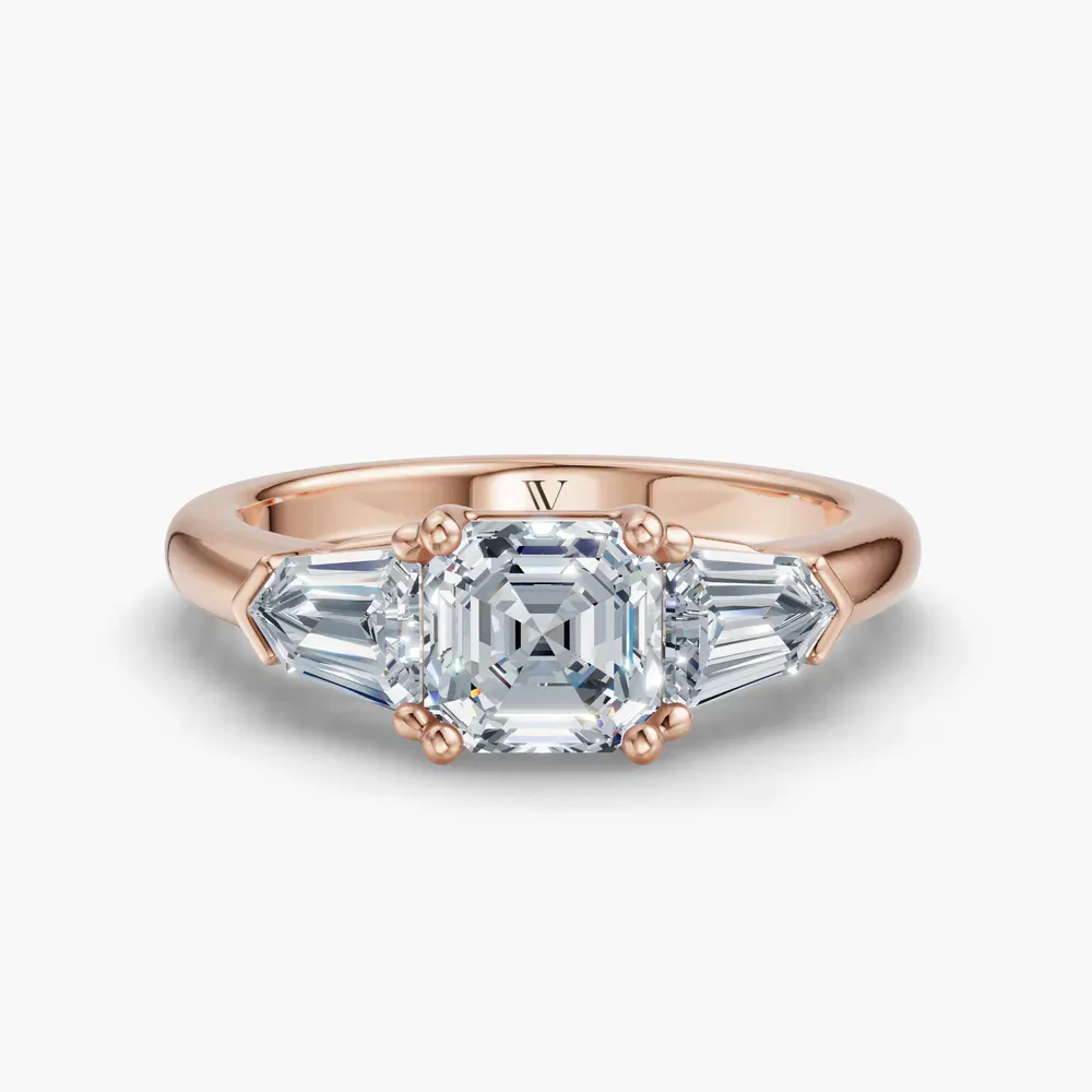 Certified 1 carat Lab Grown Diamond Asscher Cut Three Stone, Side Stone Engagement Ring in 14K Rose Gold-Lyris