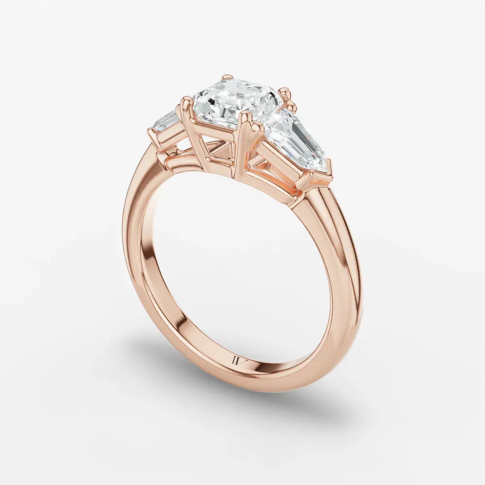 Certified 1 carat Lab Grown Diamond Asscher Cut Three Stone, Side Stone Engagement Ring in 14K Rose Gold-Lyris
