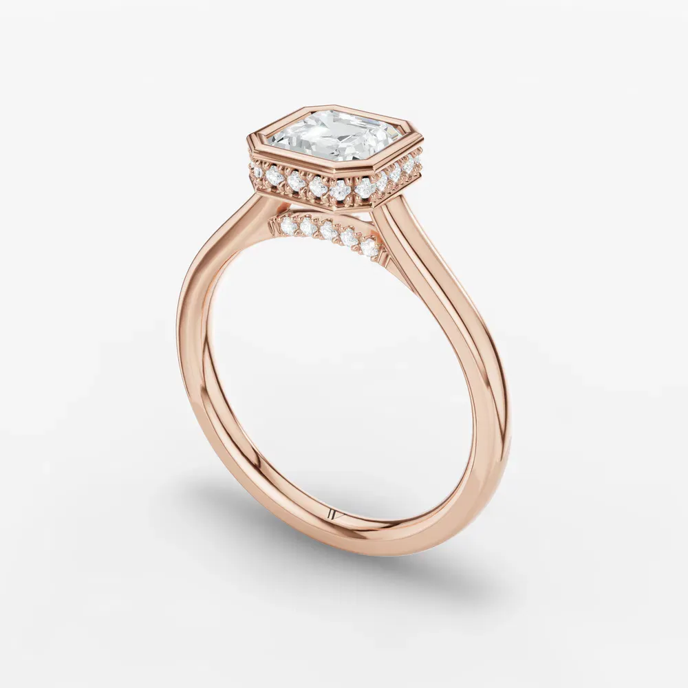 Certified 1 carat Lab Grown Diamond Asscher Cut Bezel, Solitaire, Hidden Halo Engagement Ring in 14K Rose Gold-Nival