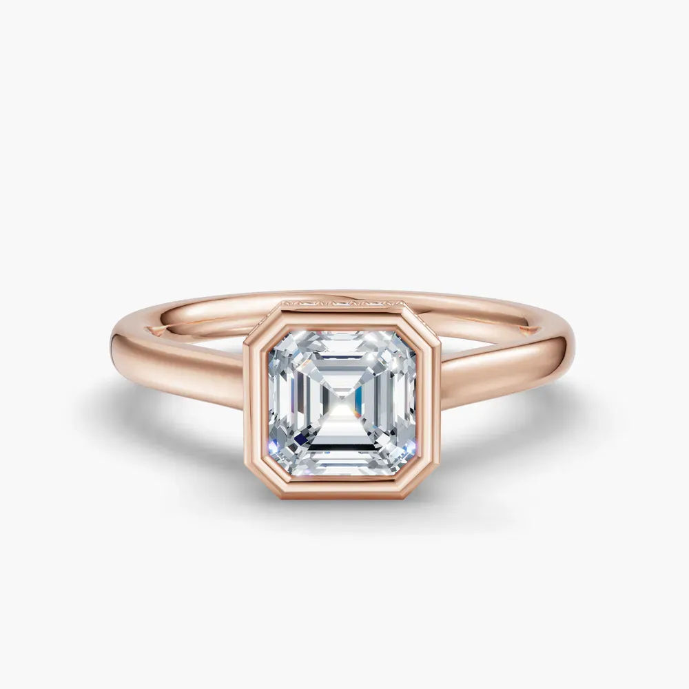 Certified 1 carat Lab Grown Diamond Asscher Cut Bezel, Solitaire, Hidden Halo Engagement Ring in 14K Rose Gold-Nival