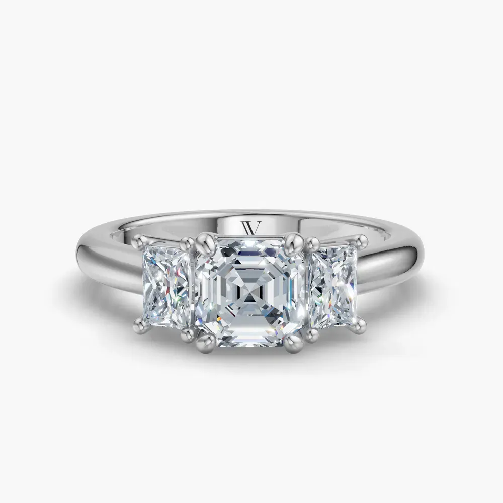 Certified 1 carat Lab Grown Diamond Asscher Cut Three Stone, Side Stone Engagement Ring in 14K White Gold-Dravon