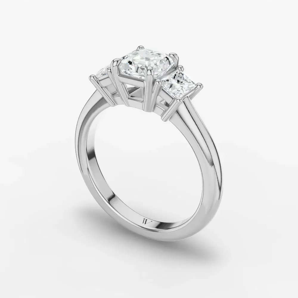 Certified 1 carat Lab Grown Diamond Asscher Cut Three Stone, Side Stone Engagement Ring in 14K White Gold-Dravon