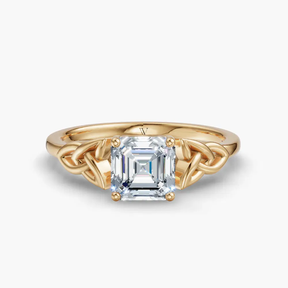 Certified 1 carat Lab Grown Diamond Asscher Cut Solitaire, Cathedral, Celtic Engagement Ring in 14K Yellow Gold-Vire