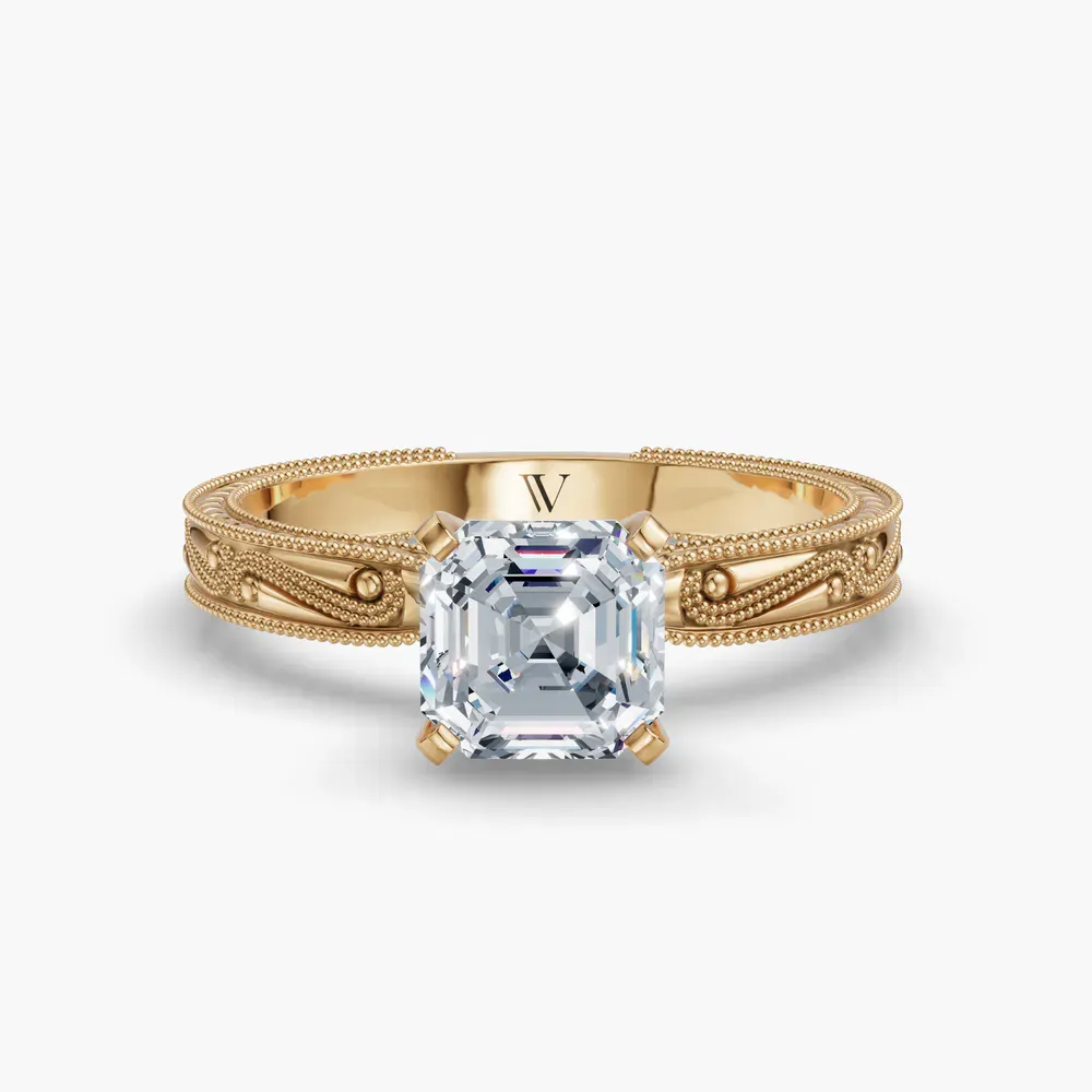 Certified 1 carat Lab Grown Diamond Asscher Cut Solitaire, Milgrain, Vintage Engagement Ring in 14K Yellow Gold-Lirae