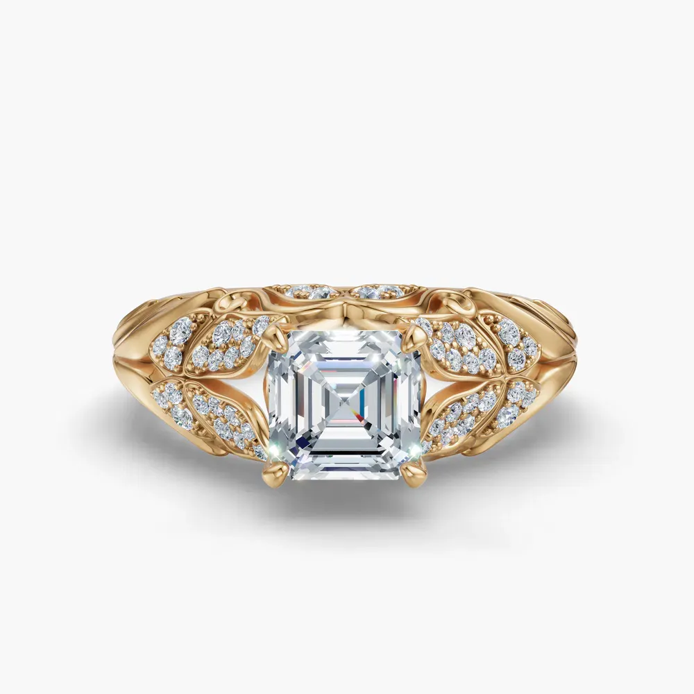 Certified 1 carat Lab Grown Diamond Asscher Cut Nature inspired, Pavé, Unique Engagement Ring in 14K Yellow Gold-Lyric