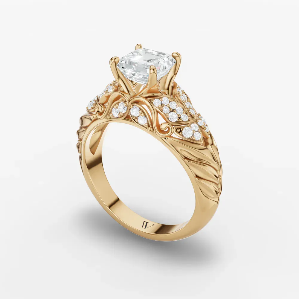 Certified 1 carat Lab Grown Diamond Asscher Cut Nature inspired, Pavé, Unique Engagement Ring in 14K Yellow Gold-Lyric