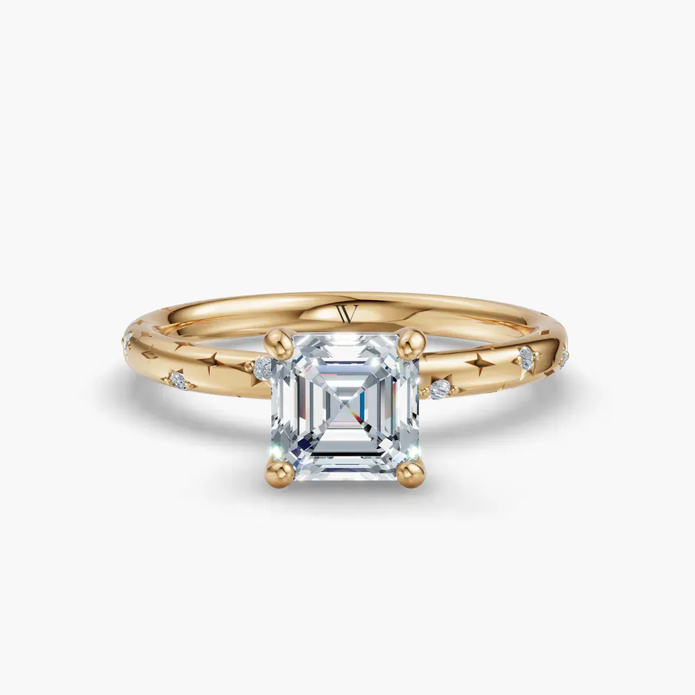 Certified 1 carat Lab Grown Diamond Asscher Cut Hidden Halo, Unique, Side Stone Engagement Ring in 14K Yellow Gold-Celestyn