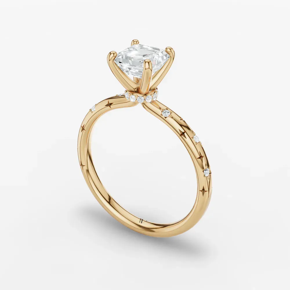 Certified 1 carat Lab Grown Diamond Asscher Cut Hidden Halo, Unique, Side Stone Engagement Ring in 14K Yellow Gold-Celestyn