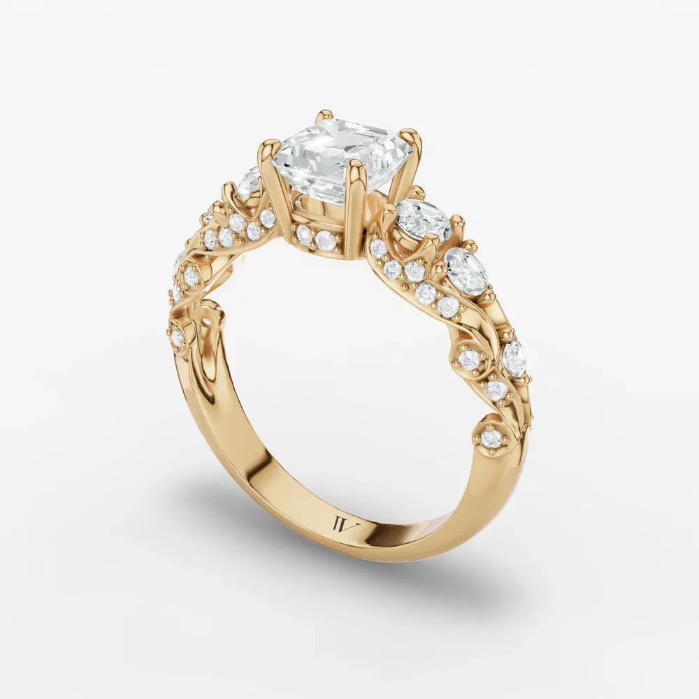 Certified 1 carat Lab Grown Diamond Asscher Cut Hidden Halo, Unique, Side Stone Engagement Ring in 14K Yellow Gold-Marinia