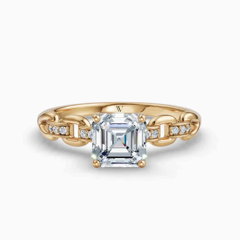 Certified 1 carat Lab Grown Diamond Asscher Cut Twist, Unique, Side Stone Engagement Ring in 14K Yellow Gold-Perenne