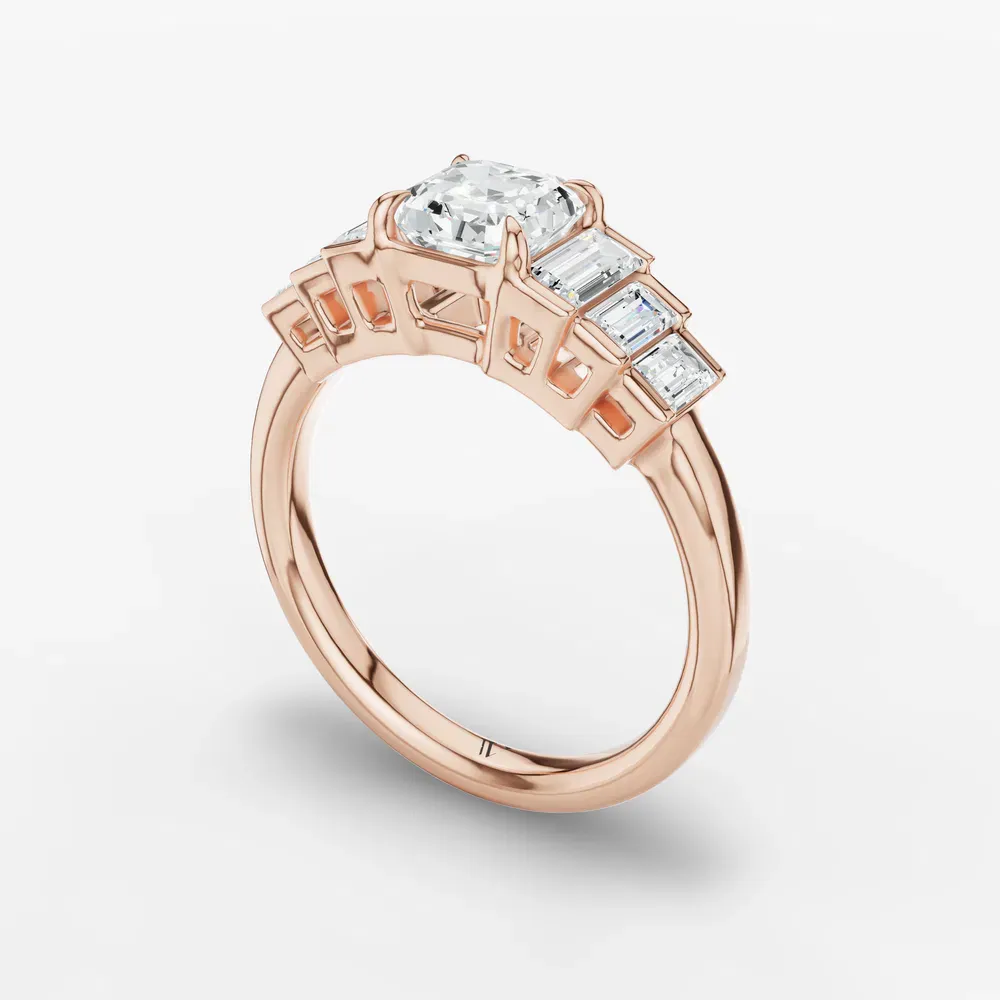 Certified 1 carat Lab Grown Diamond Asscher Cut Baguette, Art Deco, Side Stone Engagement Ring in 14K Rose Gold-Zepy