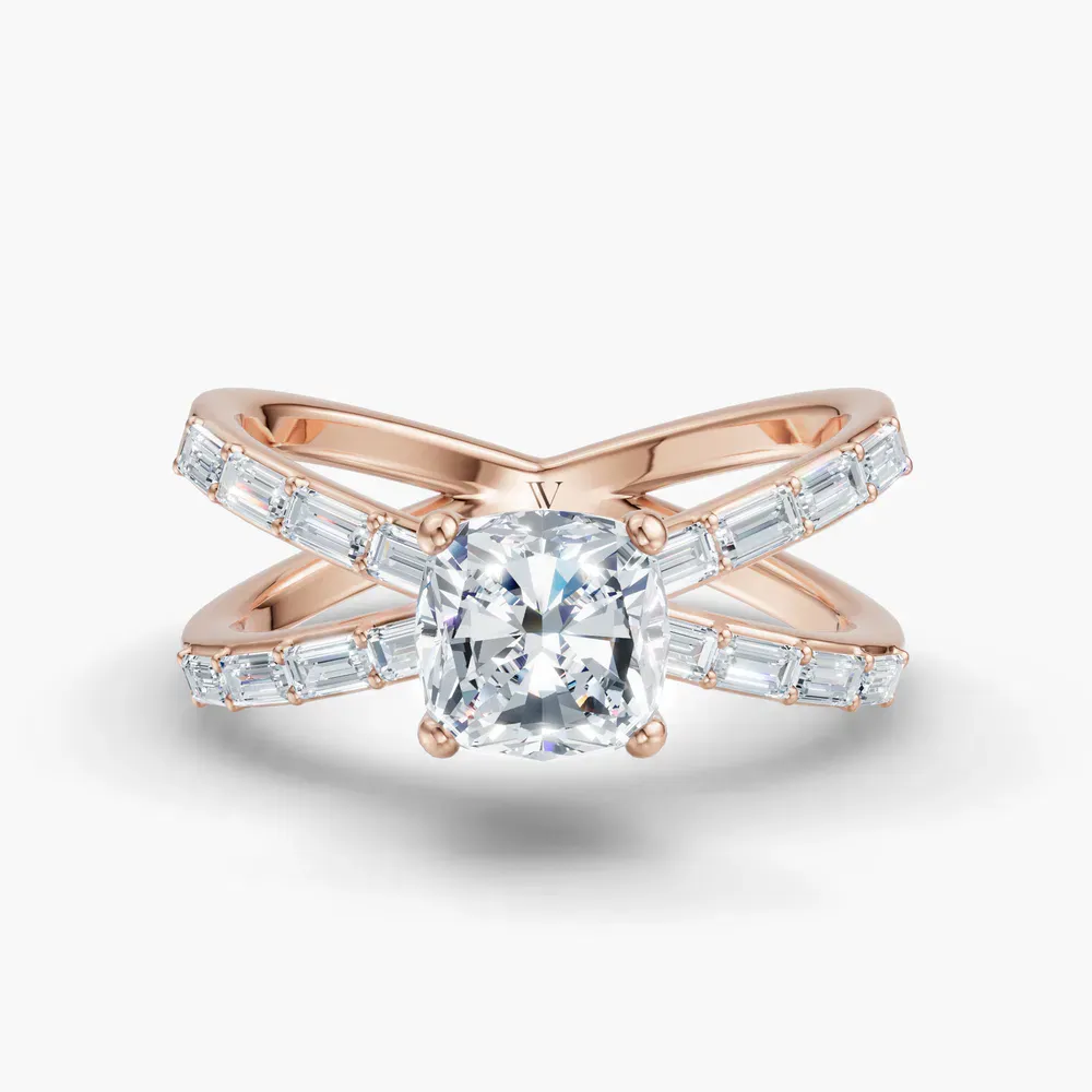 Certified 1 carat Lab Grown Diamond Cushion Cut Baguette, Unique, Split Shank Engagement Ring in 14K Rose Gold-Luminara