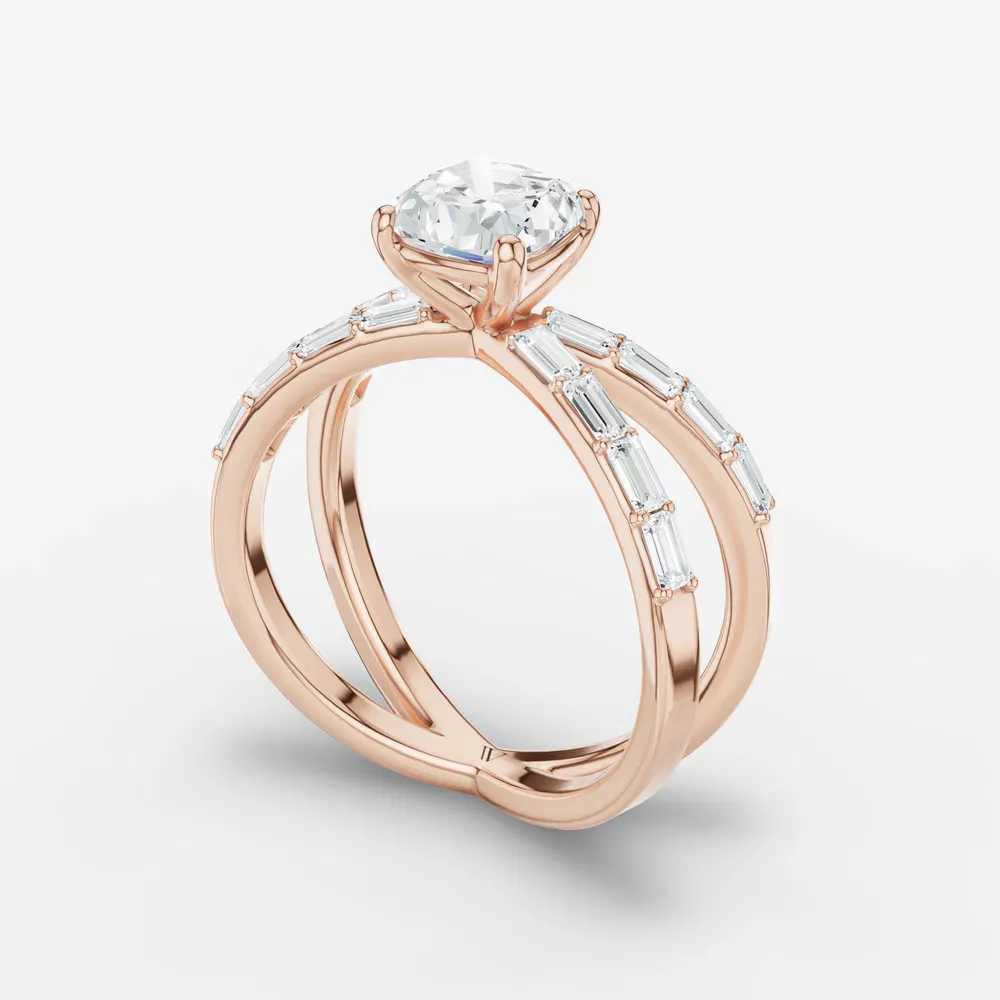Certified 1 carat Lab Grown Diamond Cushion Cut Baguette, Unique, Split Shank Engagement Ring in 14K Rose Gold-Luminara