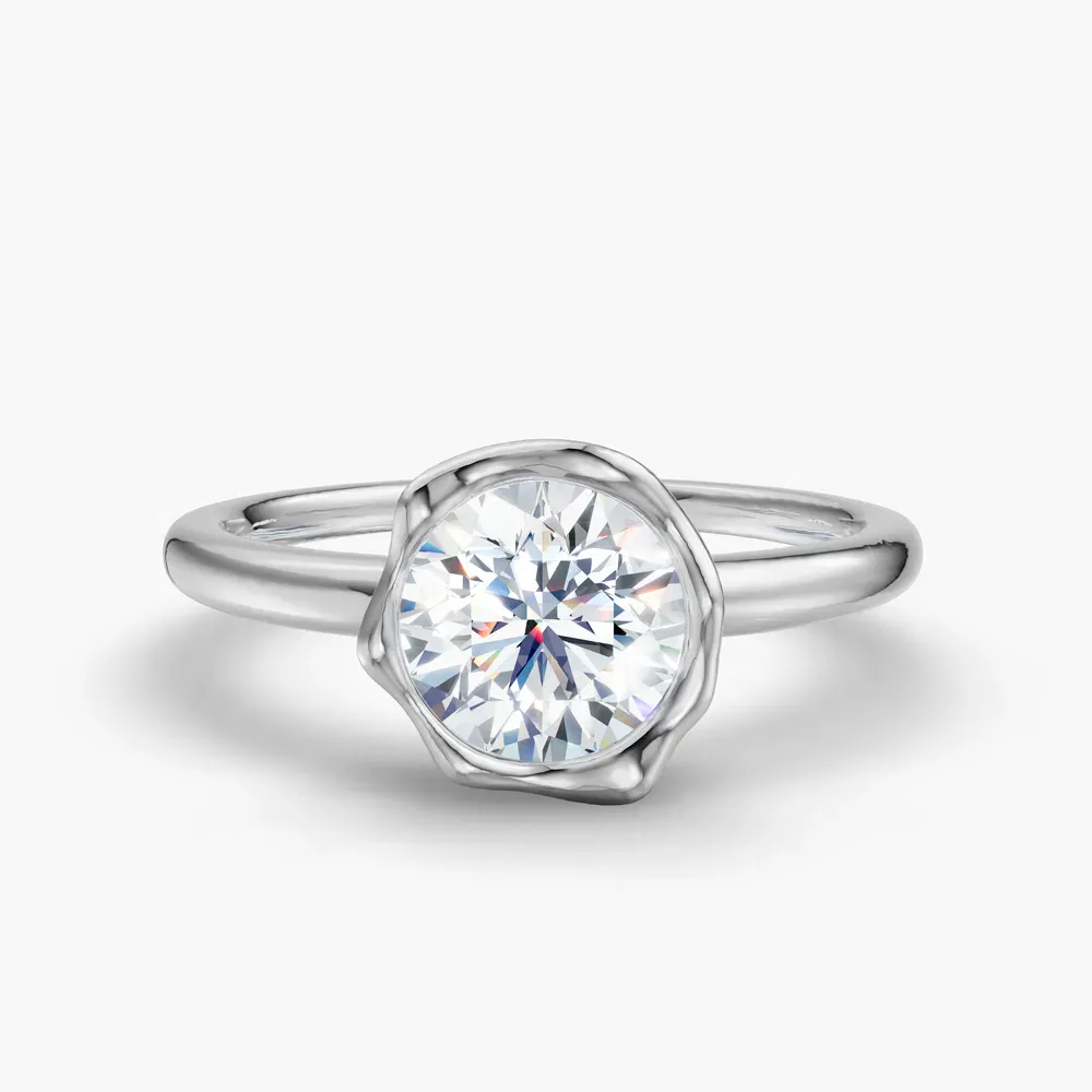 Certified 1 carat Lab Grown Diamond Round Cut Solitaire, Bezel, Nature inspired Engagement Ring in 14K White Gold-Corolla
