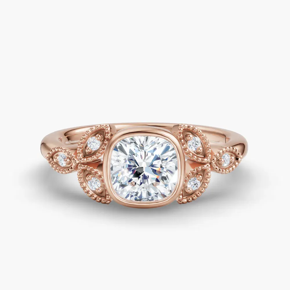 Certified 1 carat Lab Grown Diamond Cushion Cut Vintage, Bezel, Nature inspired Engagement Ring in 14K Rose Gold-Laurel