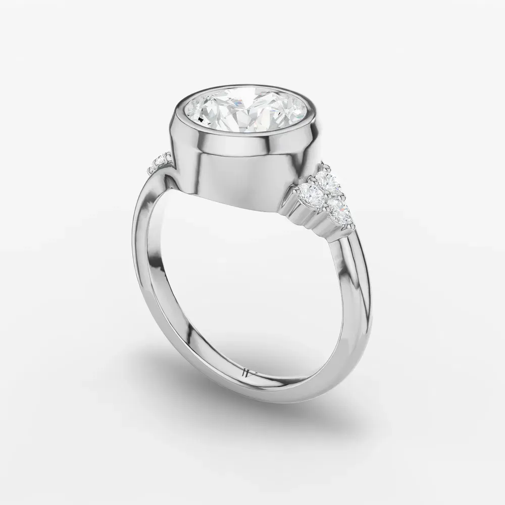 Certified 2 carat Lab Grown Diamond Round Cut Bezel, Side Stone Engagement Ring in 14K White Gold-Trinity