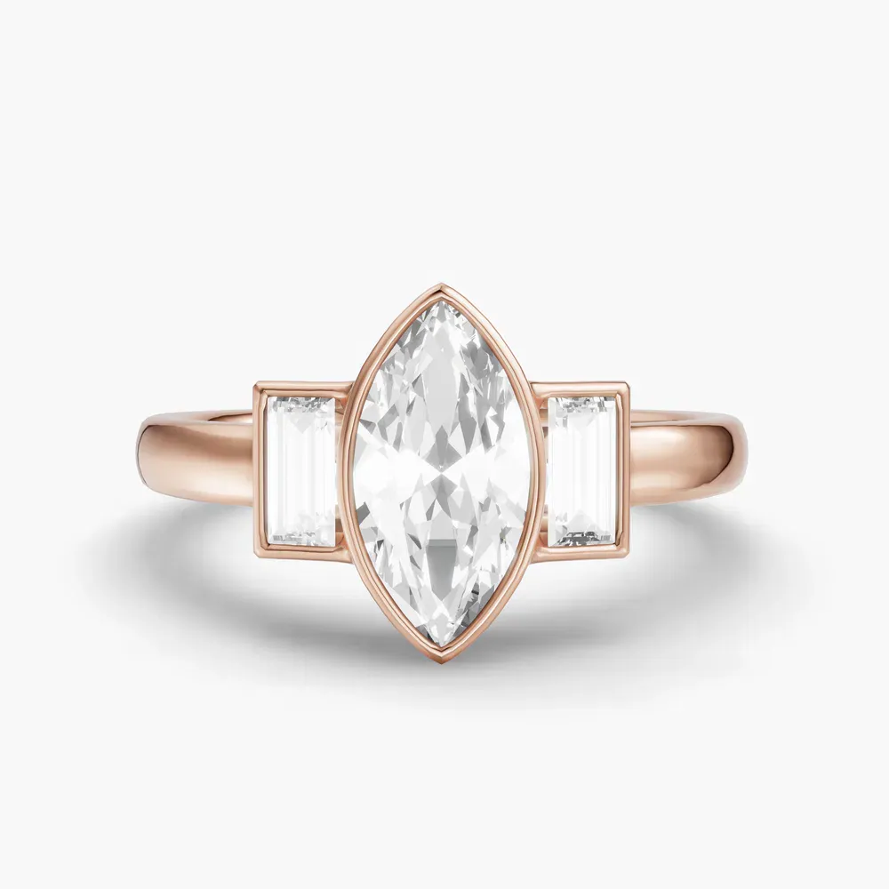 Certified 1 carat Lab Grown Diamond Marquise Cut Three Stone, Bezel, Baguette Engagement Ring in 14K Rose Gold-Kine