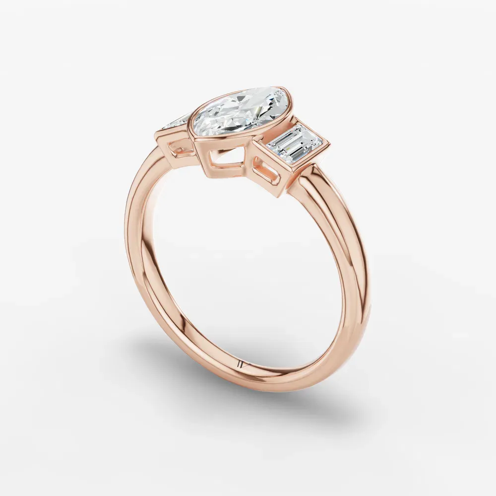 Certified 1 carat Lab Grown Diamond Marquise Cut Three Stone, Bezel, Baguette Engagement Ring in 14K Rose Gold-Kine