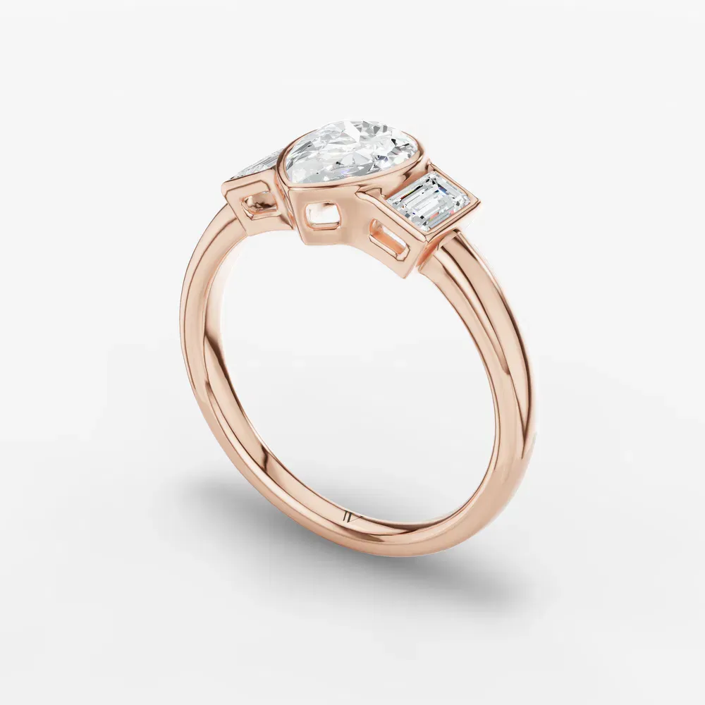 Certified 1 carat Lab Grown Diamond Pear Cut Three Stone, Bezel, Baguette Engagement Ring in 14K Rose Gold-Kine