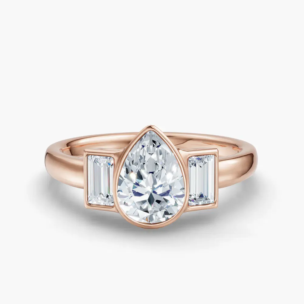 Certified 1 carat Lab Grown Diamond Pear Cut Three Stone, Bezel, Baguette Engagement Ring in 14K Rose Gold-Kine