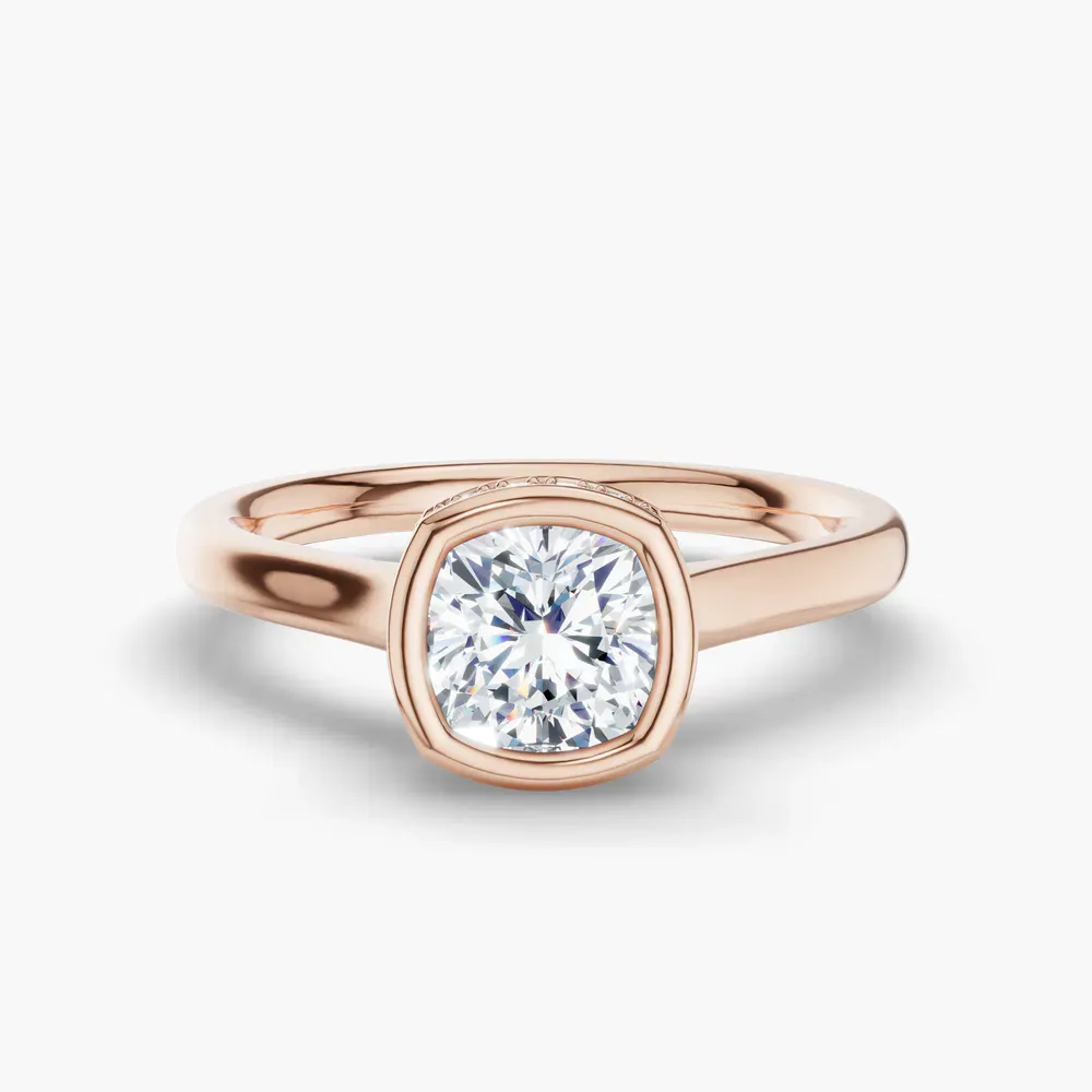 Certified 1 carat Lab Grown Diamond Cushion Cut Bezel, Solitaire, Hidden Halo Engagement Ring in 14K Rose Gold-Nival
