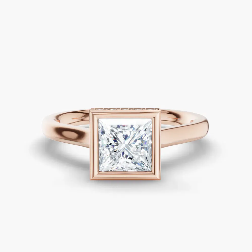 Certified 1 carat Lab Grown Diamond Princess Cut Bezel, Solitaire, Hidden Halo Engagement Ring in 14K Rose Gold-Nival