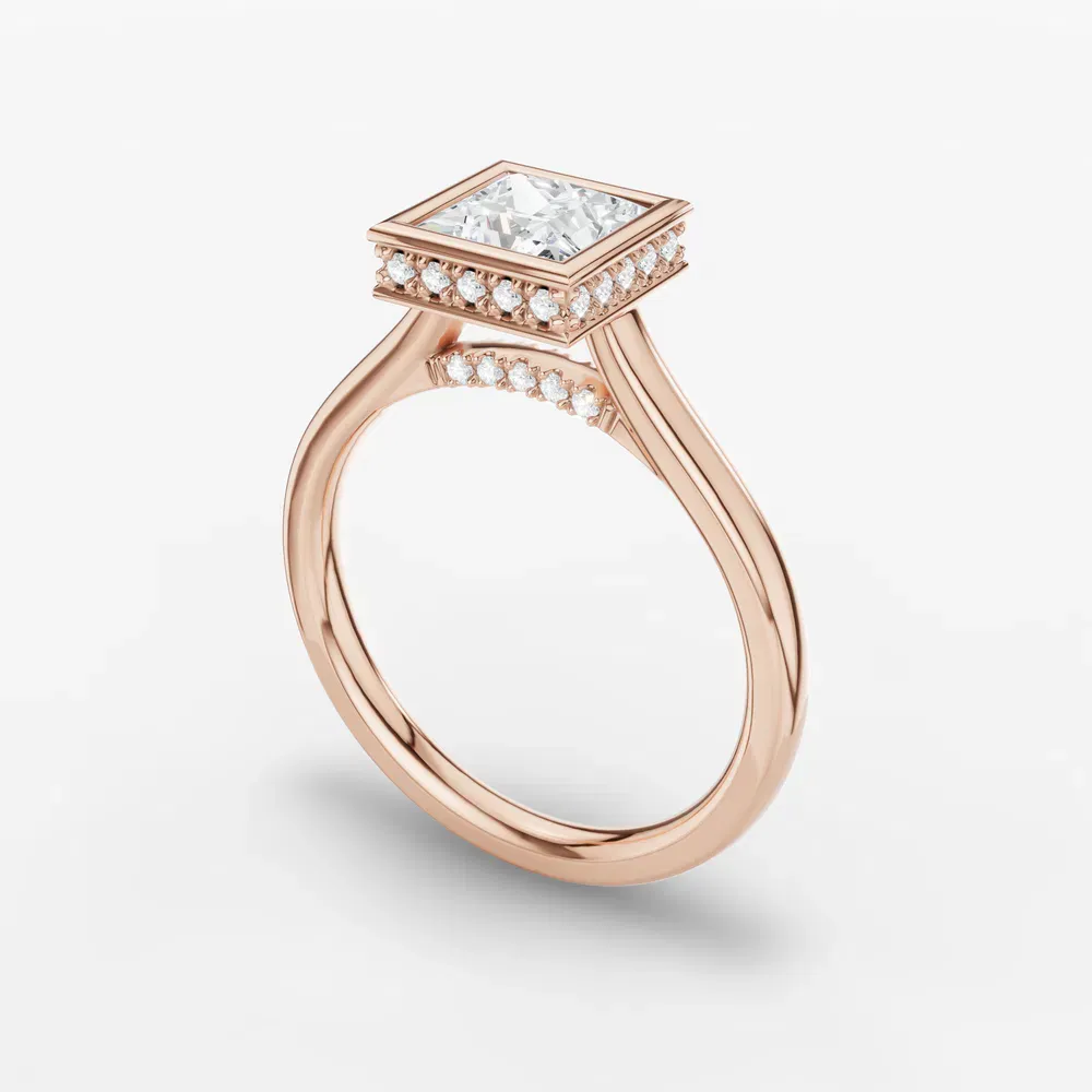 Certified 1 carat Lab Grown Diamond Princess Cut Bezel, Solitaire, Hidden Halo Engagement Ring in 14K Rose Gold-Nival