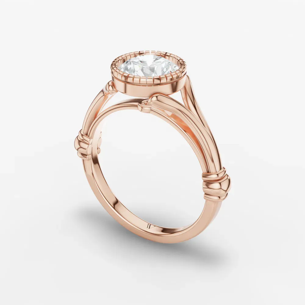 Certified 1.5 carat Lab Grown Diamond Round Cut Solitaire, Split Shank, Bezel Engagement Ring in 14K Rose Gold-Nerea