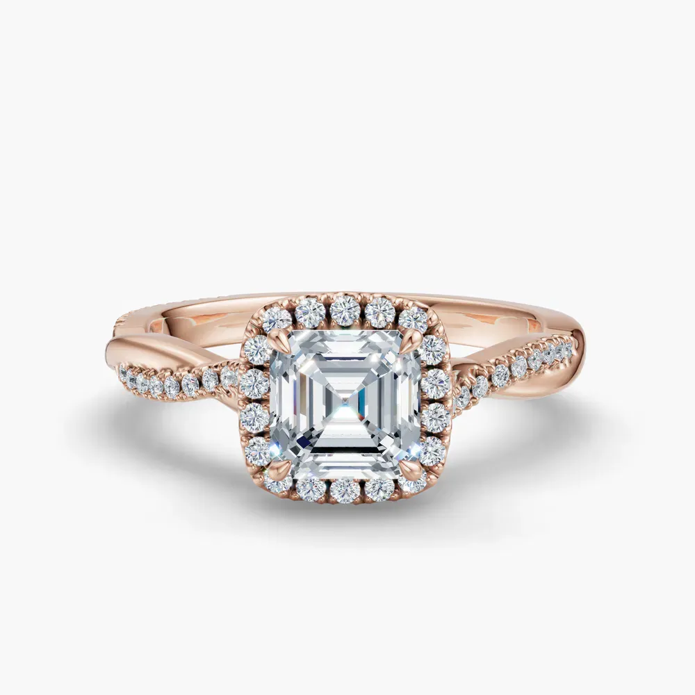 Certified 1 carat Lab Grown Diamond Asscher Cut Twist, Cathedral, Pavé Engagement Ring in 14K Rose Gold-Itic