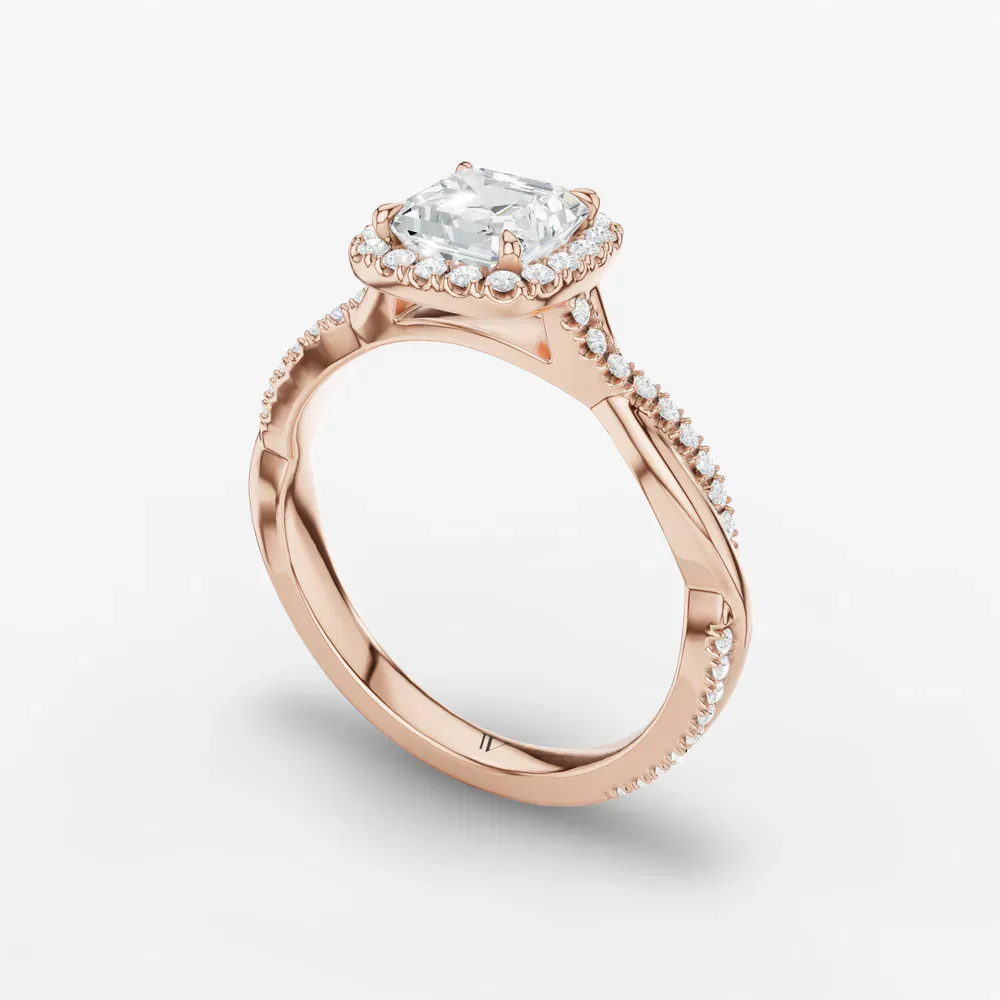 Certified 1 carat Lab Grown Diamond Asscher Cut Twist, Cathedral, Pavé Engagement Ring in 14K Rose Gold-Itic
