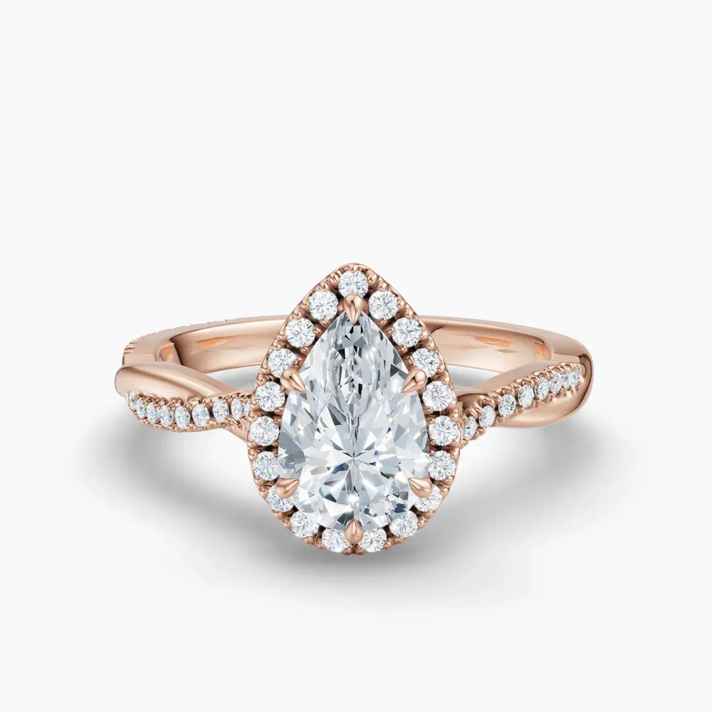 Certified 1 carat Lab Grown Diamond Pear Cut Twist, Cathedral, Pavé Engagement Ring in 14K Rose Gold-Itic