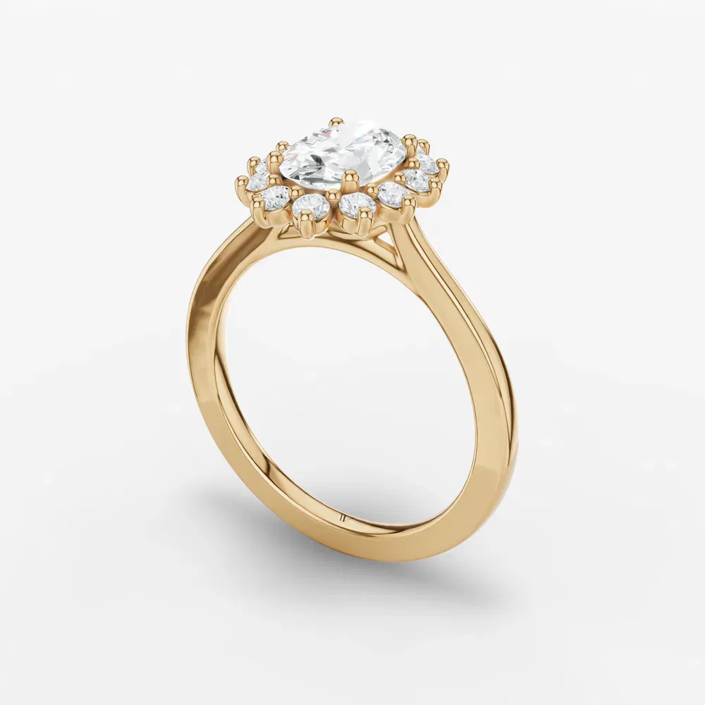Certified 1 carat Lab Grown Diamond Oval Cut Cathedral, Halo, Floral Engagement Ring in 14K Yellow Gold-Juncb