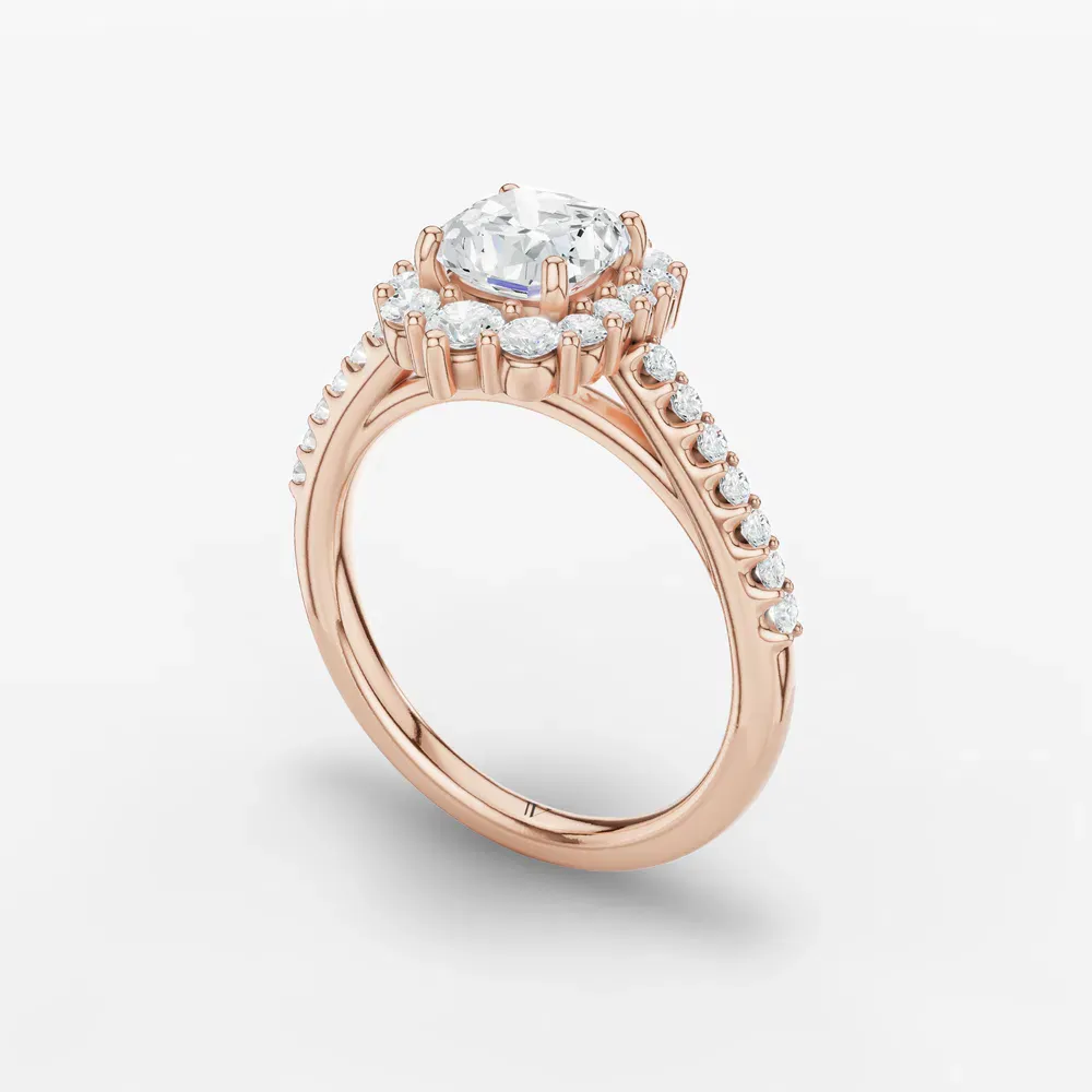 Certified 1 carat Lab Grown Diamond Cushion Cut Pavé, Halo, Cathedral Engagement Ring in 14K Rose Gold-Mirey