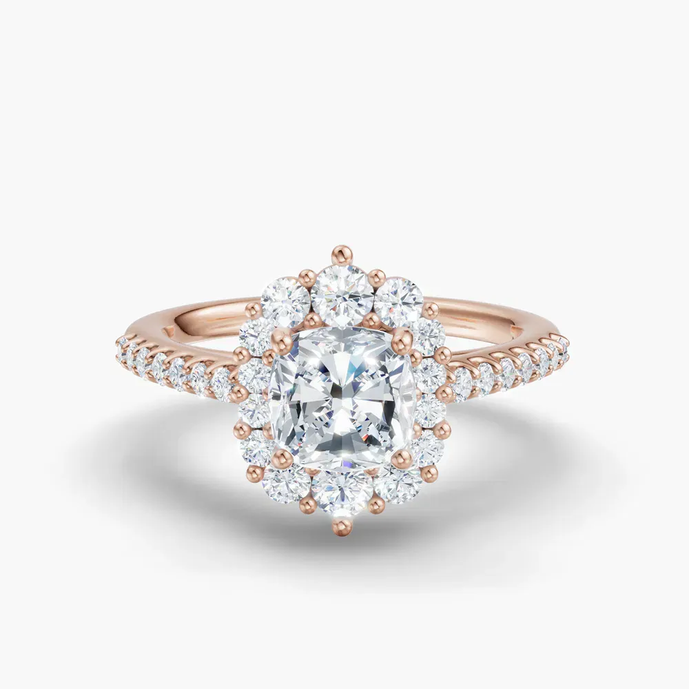 Certified 1 carat Lab Grown Diamond Cushion Cut Pavé, Halo, Cathedral Engagement Ring in 14K Rose Gold-Mirey