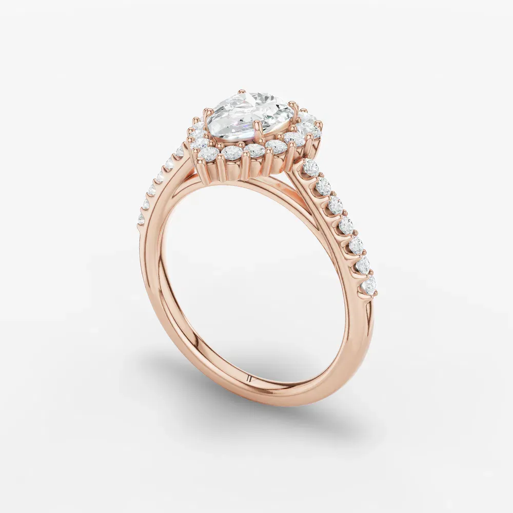 Certified 1 carat Lab Grown Diamond Pear Cut Pavé, Halo, Cathedral Engagement Ring in 14K Rose Gold-Mirey