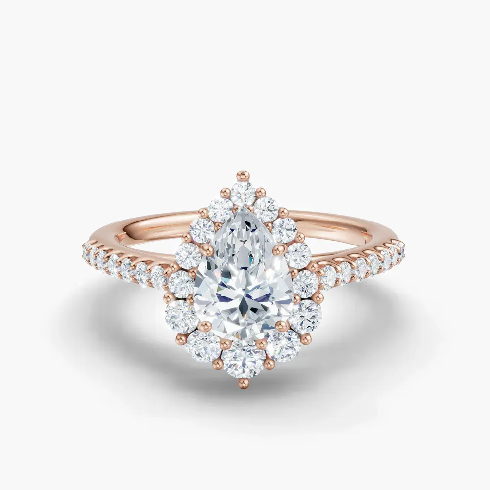 Certified 1 carat Lab Grown Diamond Pear Cut Pavé, Halo, Cathedral Engagement Ring in 14K Rose Gold-Mirey