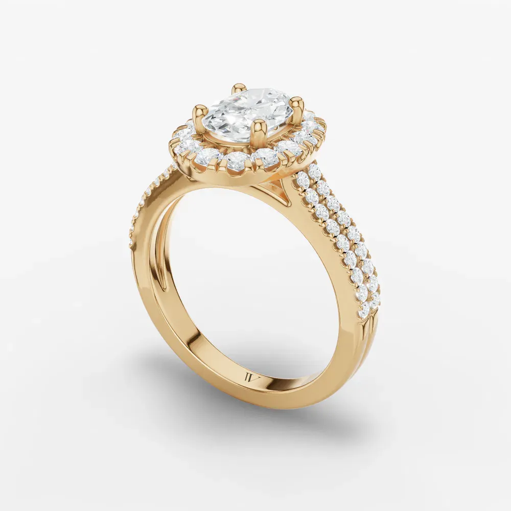 Certified 1 carat Lab Grown Diamond Oval Cut Pavé, Halo, Cathedral Engagement Ring in 14K Yellow Gold-Maelis