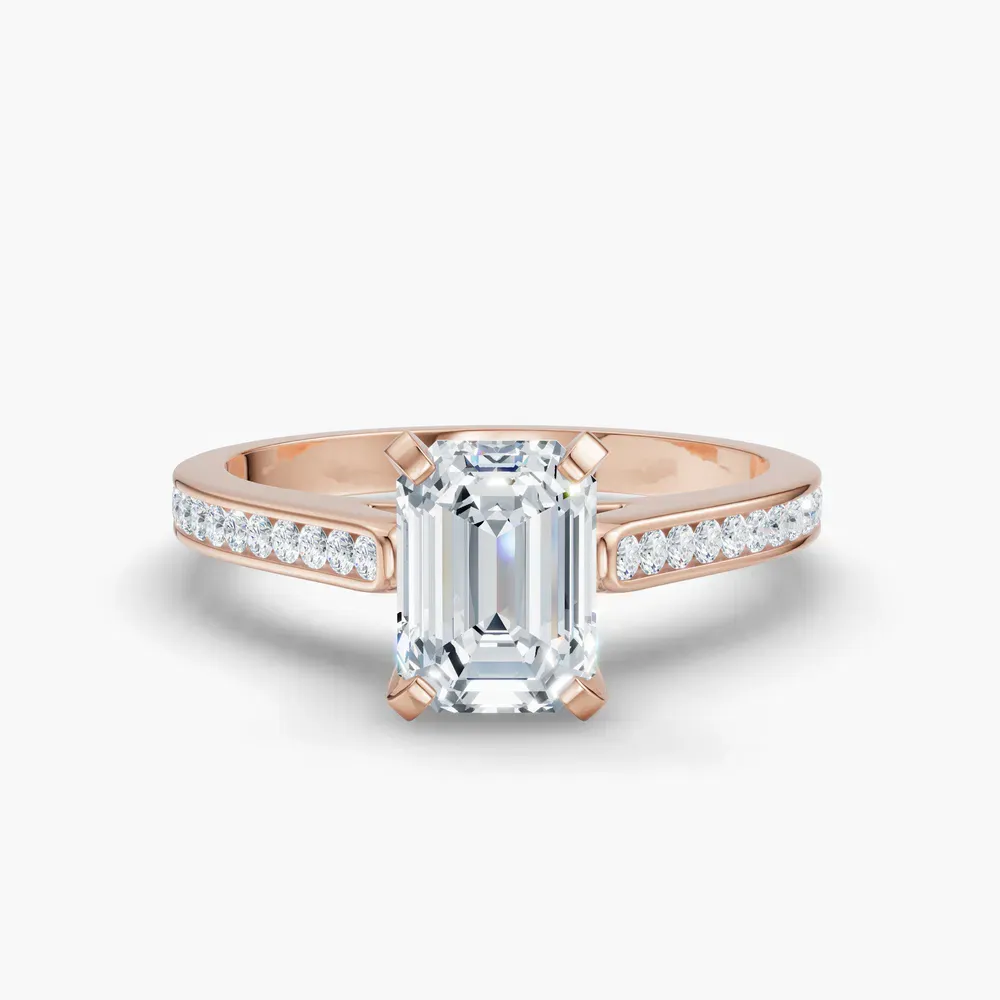 Certified 1 carat Lab Grown Diamond Emerald Cut Cathedral, Channel Set Engagement Ring in 14K Rose Gold-Velora