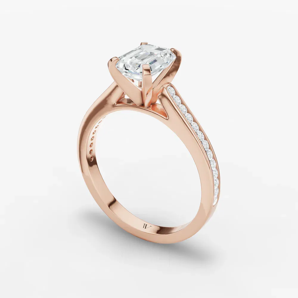 Certified 1 carat Lab Grown Diamond Emerald Cut Cathedral, Channel Set Engagement Ring in 14K Rose Gold-Velora