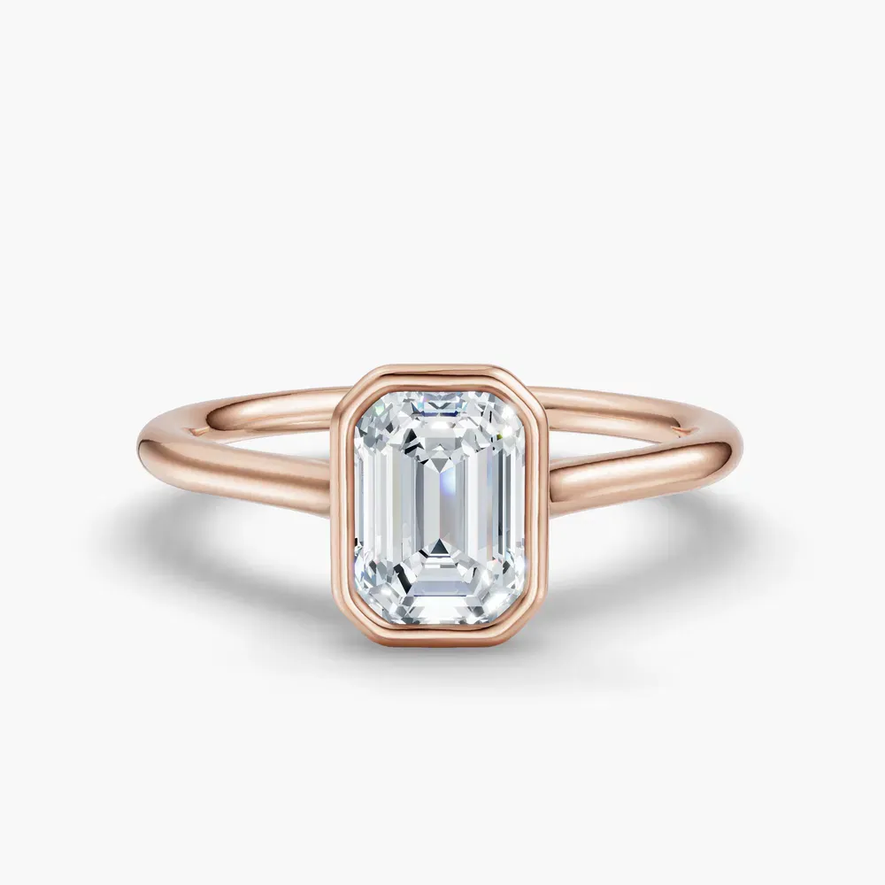 Certified 1 carat Lab Grown Diamond Emerald Cut Solitaire, Bezel, Cathedral Engagement Ring in 14K Rose Gold-Borvi
