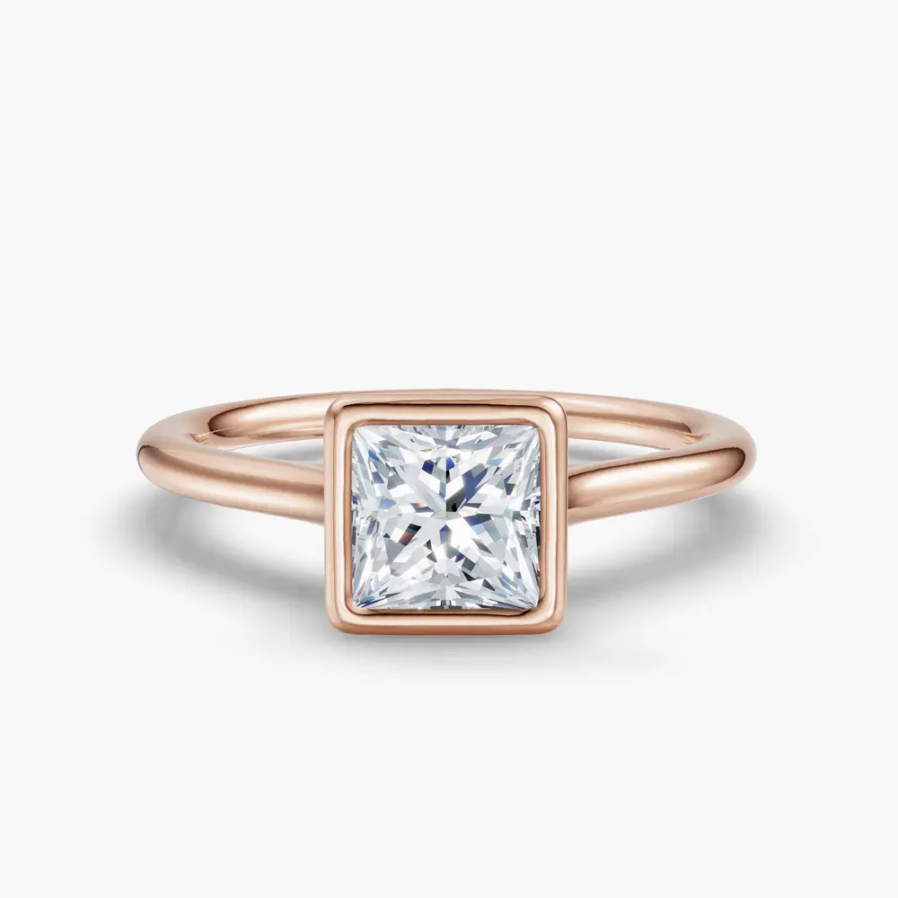 Certified 1 carat Lab Grown Diamond Princess Cut Solitaire, Bezel, Cathedral Engagement Ring in 14K Rose Gold-Borvi