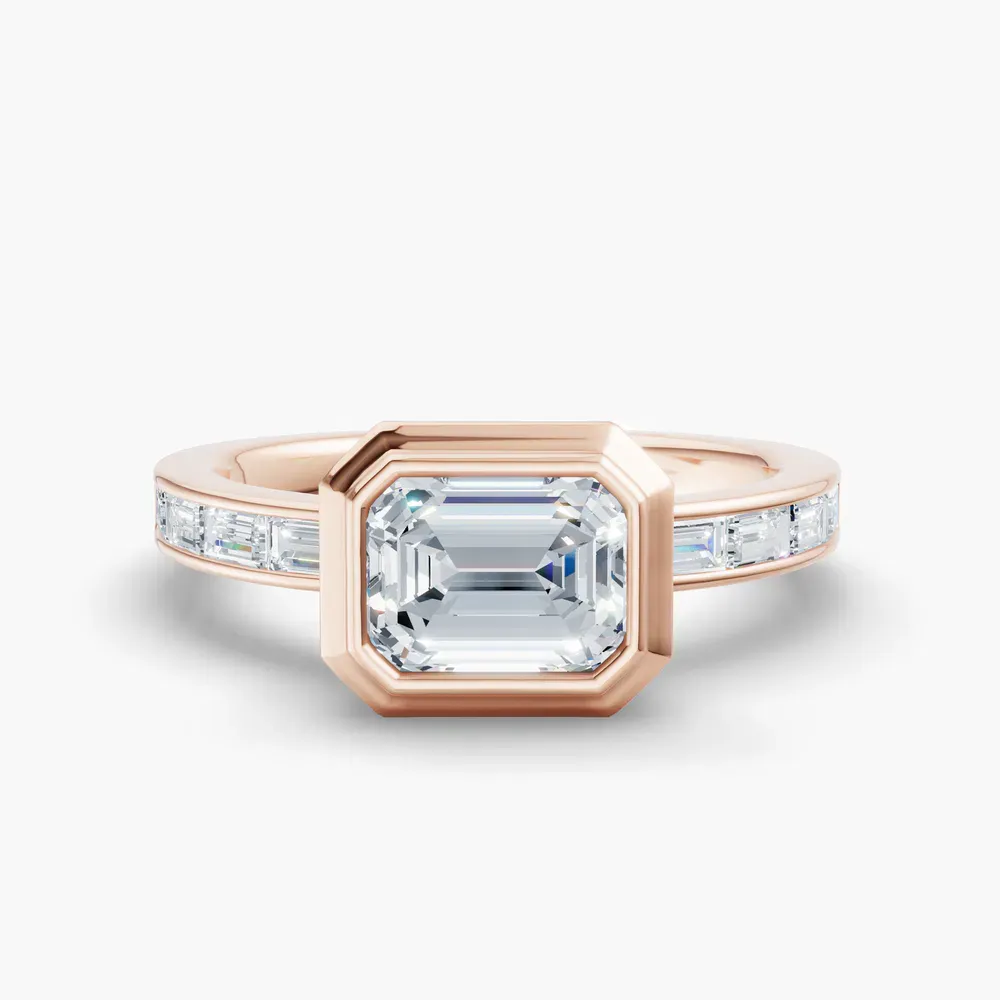 Certified 1 carat Lab Grown Diamond Emerald Cut Bezel, Channel Set, Art Deco Engagement Ring in 14K Rose Gold-Celeste