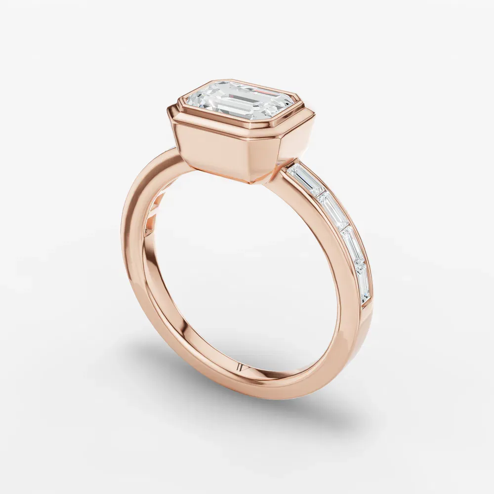 Certified 1 carat Lab Grown Diamond Emerald Cut Bezel, Channel Set, Art Deco Engagement Ring in 14K Rose Gold-Celeste