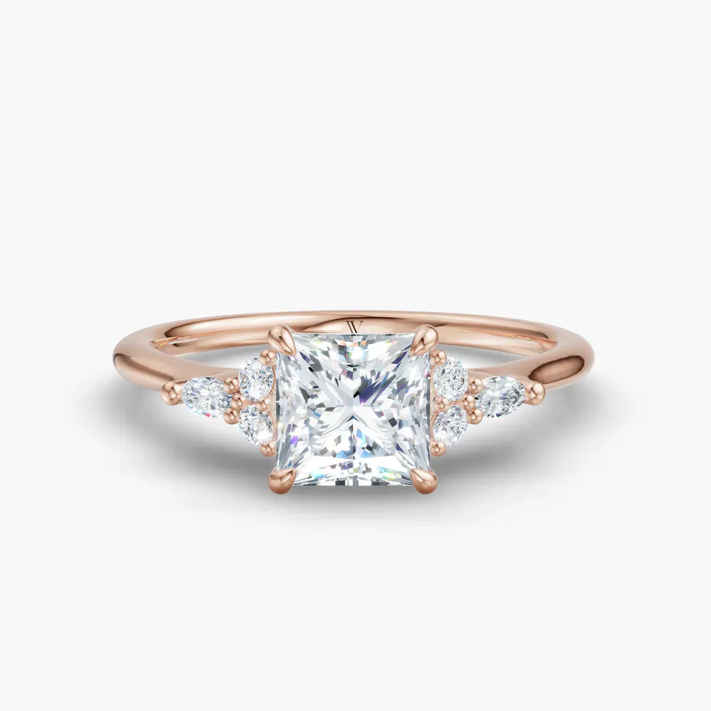 Certified 1 carat Lab Grown Diamond Princess Cut Classic, Side Stone Engagement Ring in 14K Rose Gold-Sprig